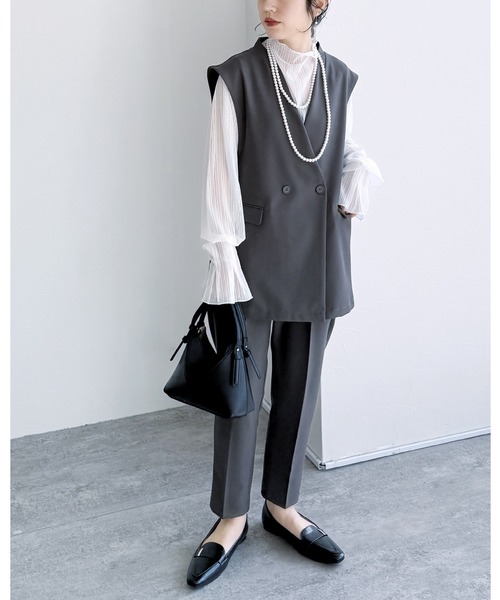 reca（レカ）の「ノーカラーベスト×テーパードパンツ2点セット（スーツセット・レディース・ブラック/ベージュ/グレー・M/S/XL/L）」の2枚目の写真