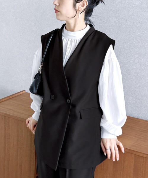 reca（レカ）の「ノーカラーベスト×テーパードパンツ2点セット（スーツセット・レディース・ブラック/ベージュ/グレー・M/S/XL/L）」の7枚目の写真