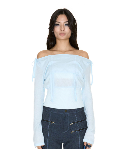 SETSETSET(セットセットセット)の「LAVIGNE OFF-SHOULDER SHIRRING SKY BLUE(Tシャツ/カットソー・レディース・その他・FREE)」の1枚目の写真