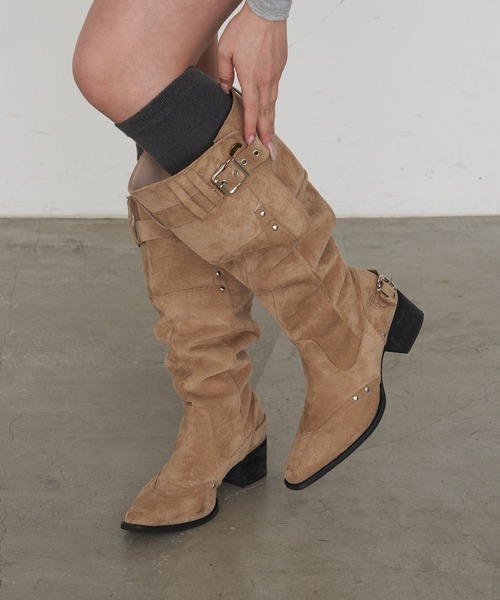 RAY CASSIN(レイカズン)の「ベルト付ロングブーツ(ブーツ・レディース・キャメル/ブラック・S/M/L)」の1枚目の写真