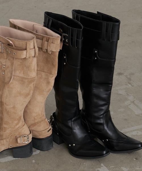 RAY CASSIN(レイカズン)の「ベルト付ロングブーツ(ブーツ・レディース・キャメル/ブラック・S/M/L)」の5枚目の写真