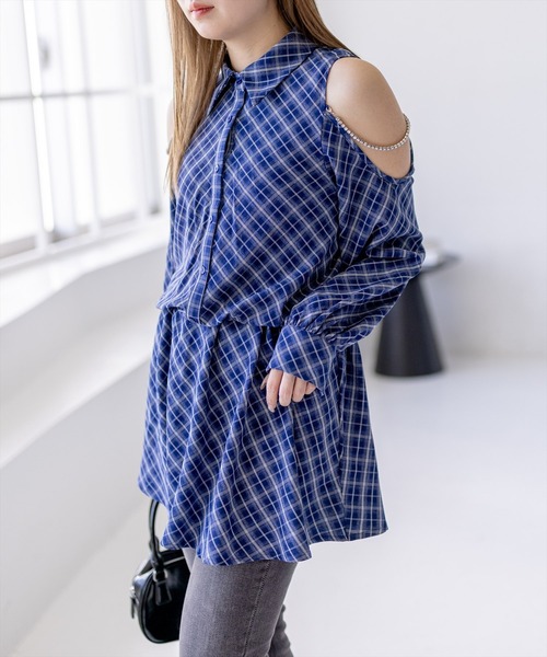 McQueen 限定コレク S ミニワンピ①｜BF特価 セール】肩あきビジューチェックシャツミニワンピース[大人 フェミニン