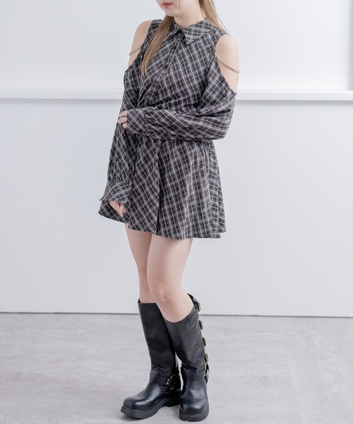 clear（クリア）の「肩あきビジューチェックシャツミニワンピース[大人 フェミニン]（ワンピース・レディース・ネイビー/ブラック/ベージュ・F）」の12枚目の写真