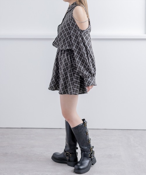 clear（クリア）の「肩あきビジューチェックシャツミニワンピース[大人 フェミニン]（ワンピース・レディース・ネイビー/ブラック/ベージュ・F）」の14枚目の写真