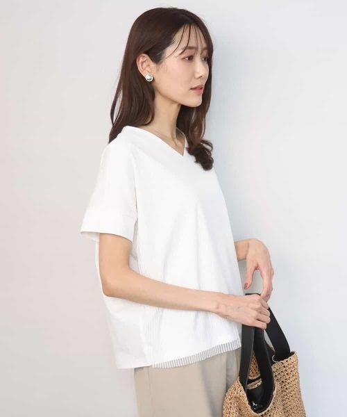 MK MICHEL KLEIN（エムケーミッシェルクラン）の「ストライプチュールカットソー/接触冷感/洗える（Tシャツ/カットソー・レディース・ホワイト/ライトグレー/ライトブルー/ネイビー・38）」の2枚目の写真