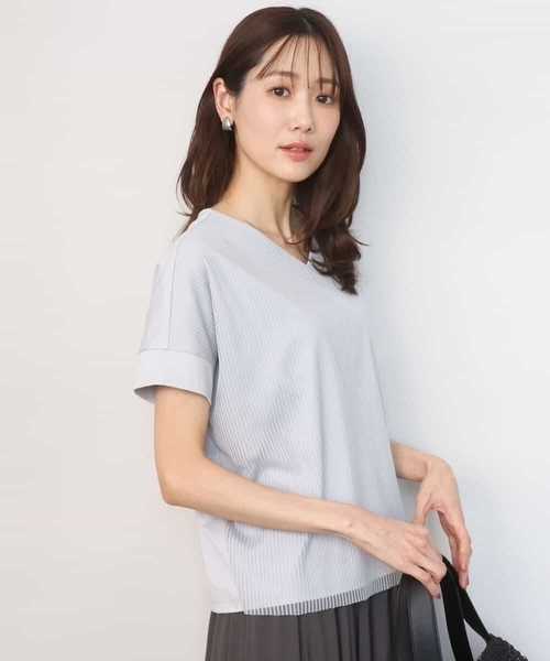MK MICHEL KLEIN（エムケーミッシェルクラン）の「ストライプチュールカットソー/接触冷感/洗える（Tシャツ/カットソー・レディース・ホワイト/ライトグレー/ライトブルー/ネイビー・38）」の3枚目の写真