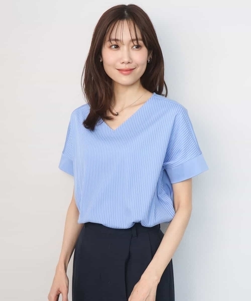 MK MICHEL KLEIN（エムケーミッシェルクラン）の「ストライプチュールカットソー/接触冷感/洗える（Tシャツ/カットソー・レディース・ホワイト/ライトグレー/ライトブルー/ネイビー・38）」の4枚目の写真