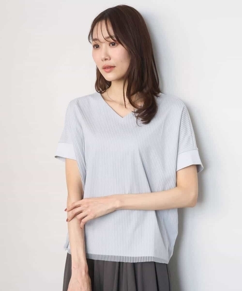MK MICHEL KLEIN（エムケーミッシェルクラン）の「ストライプチュールカットソー/接触冷感/洗える（Tシャツ/カットソー・レディース・ホワイト/ライトグレー/ライトブルー/ネイビー・38）」の5枚目の写真