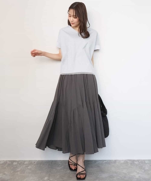 MK MICHEL KLEIN（エムケーミッシェルクラン）の「ストライプチュールカットソー/接触冷感/洗える（Tシャツ/カットソー・レディース・ホワイト/ライトグレー/ライトブルー/ネイビー・38）」の6枚目の写真