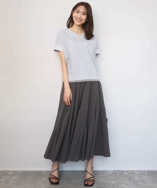 MK MICHEL KLEIN（エムケーミッシェルクラン）の「ストライプチュールカットソー/接触冷感/洗える（Tシャツ/カットソー・レディース・ホワイト/ライトグレー/ライトブルー/ネイビー・38）」の7枚目の写真