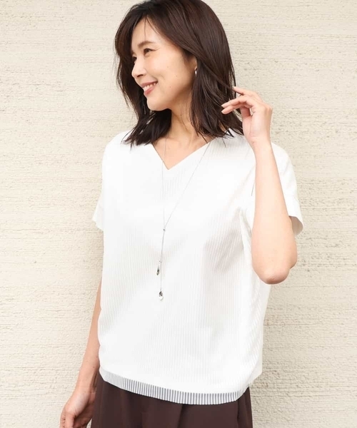 MK MICHEL KLEIN（エムケーミッシェルクラン）の「[接触冷感/洗える]ストライプチュールカットソー（Tシャツ/カットソー・レディース・ホワイト/ライトグレー/ライトブルー/ネイビー・38）」の18枚目の写真