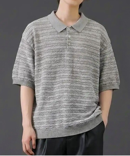 revertical(リバーティカル)の「ランダムボーダー ニットポロシャツ/サマーニット 半袖ポロトップス(Tシャツ/カットソー・メンズ・ブラック/グレー・MEDIUM/LARGE)」の2枚目の写真