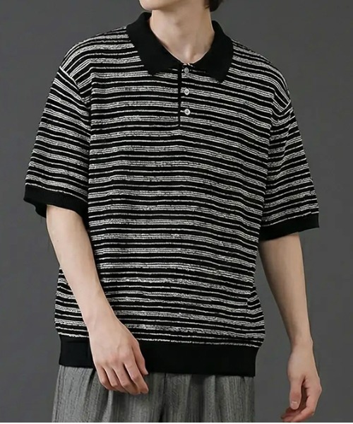 revertical(リバーティカル)の「ランダムボーダー ニットポロシャツ/サマーニット 半袖ポロトップス(Tシャツ/カットソー・メンズ・ブラック/グレー・MEDIUM/LARGE)」の3枚目の写真