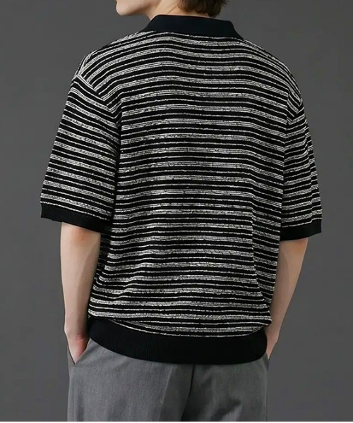 revertical(リバーティカル)の「ランダムボーダー ニットポロシャツ/サマーニット 半袖ポロトップス(Tシャツ/カットソー・メンズ・ブラック/グレー・MEDIUM/LARGE)」の4枚目の写真