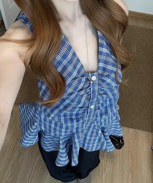 HALEY PESCA(ヘーリーペスカ)の「HALEY PESCA/フロントギャザーチェック柄フレアノースリーブトップス(シャツ/ブラウス・レディース・ブルー/レッド・MEDIUM/SMALL)」の4枚目の写真