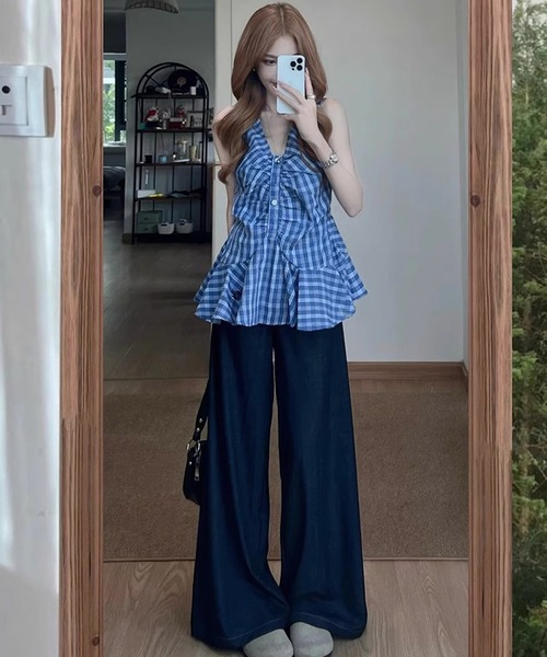 HALEY PESCA(ヘーリーペスカ)の「HALEY PESCA/フロントギャザーチェック柄フレアノースリーブトップス(シャツ/ブラウス・レディース・ブルー/レッド・MEDIUM/SMALL)」の5枚目の写真