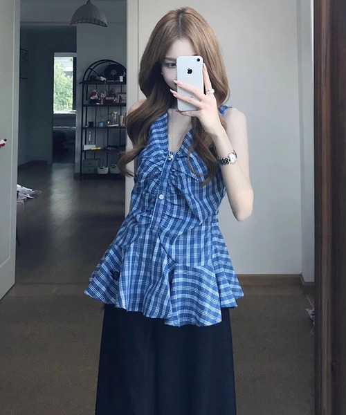HALEY PESCA(ヘーリーペスカ)の「HALEY PESCA/フロントギャザーチェック柄フレアノースリーブトップス(シャツ/ブラウス・レディース・ブルー/レッド・MEDIUM/SMALL)」の6枚目の写真