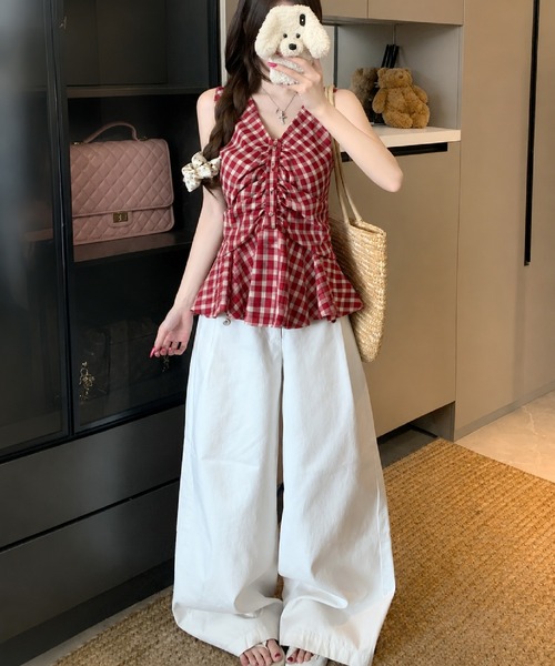 HALEY PESCA(ヘーリーペスカ)の「HALEY PESCA/フロントギャザーチェック柄フレアノースリーブトップス(シャツ/ブラウス・レディース・ブルー/レッド・MEDIUM/SMALL)」の7枚目の写真