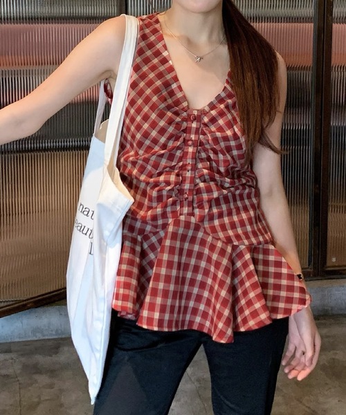 HALEY PESCA(ヘーリーペスカ)の「HALEY PESCA/フロントギャザーチェック柄フレアノースリーブトップス(シャツ/ブラウス・レディース・ブルー/レッド・MEDIUM/SMALL)」の12枚目の写真