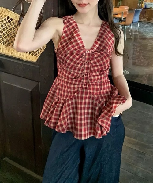 HALEY PESCA(ヘーリーペスカ)の「HALEY PESCA/フロントギャザーチェック柄フレアノースリーブトップス(シャツ/ブラウス・レディース・ブルー/レッド・MEDIUM/SMALL)」の15枚目の写真