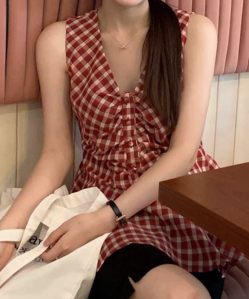 HALEY PESCA(ヘーリーペスカ)の「HALEY PESCA/フロントギャザーチェック柄フレアノースリーブトップス(シャツ/ブラウス・レディース・ブルー/レッド・MEDIUM/SMALL)」の17枚目の写真