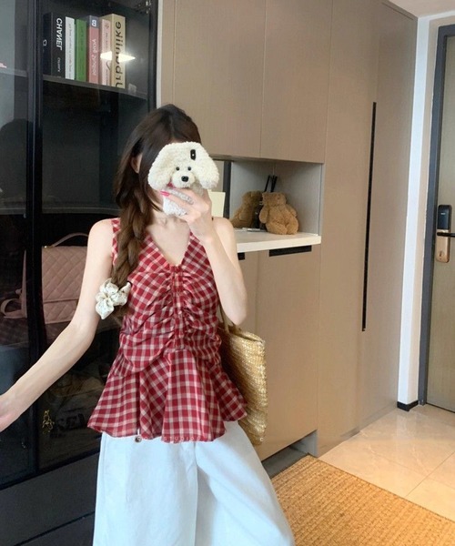 HALEY PESCA(ヘーリーペスカ)の「HALEY PESCA/フロントギャザーチェック柄フレアノースリーブトップス(シャツ/ブラウス・レディース・ブルー/レッド・MEDIUM/SMALL)」の9枚目の写真