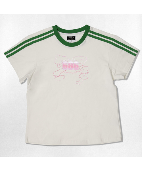 NOTUSUAL(ノットユージュアル)の「リキッドリボンセミクロップ半袖Tシャツ6色(Tシャツ/カットソー・レディース・ネイビー/ホワイト/ピンク/ホワイト×グリーン/スカイブルー/ライトブラウン・1(S))」の2枚目の写真