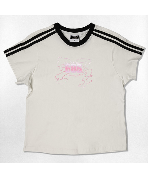 NOTUSUAL(ノットユージュアル)の「リキッドリボンセミクロップ半袖Tシャツ6色(Tシャツ/カットソー・レディース・ネイビー/ホワイト/ピンク/ホワイト×グリーン/スカイブルー/ライトブラウン・1(S))」の1枚目の写真