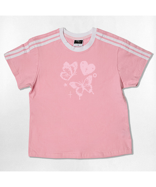 NOTUSUAL(ノットユージュアル)の「リキッドリボンセミクロップ半袖Tシャツ6色(Tシャツ/カットソー・レディース・ネイビー/ホワイト/ピンク/ホワイト×グリーン/スカイブルー/ライトブラウン・1(S))」の6枚目の写真