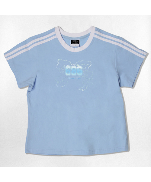 NOTUSUAL(ノットユージュアル)の「リキッドリボンセミクロップ半袖Tシャツ6色(Tシャツ/カットソー・レディース・ネイビー/ホワイト/ピンク/ホワイト×グリーン/スカイブルー/ライトブラウン・1(S))」の4枚目の写真
