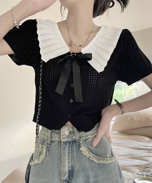 Nia(ニア)の「Nia(ニア)/バレエコア リボン襟ニットトップス(Tシャツ/カットソー・レディース・グレー/アイボリー/ブラック・FREE)」の3枚目の写真