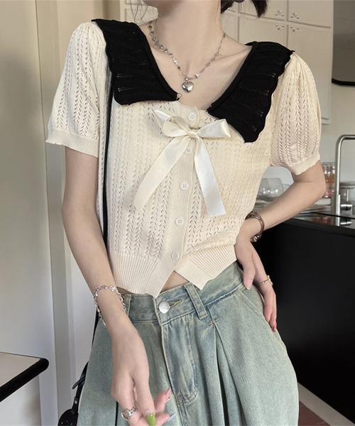 Nia(ニア)の「Nia(ニア)/バレエコア リボン襟ニットトップス(Tシャツ/カットソー・レディース・グレー/アイボリー/ブラック・FREE)」の4枚目の写真