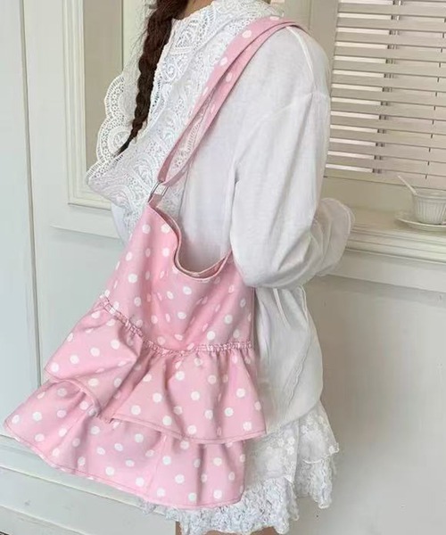 HALEY PESCA(ヘーリーペスカ)の「HALEY PESCA/ドット柄ダブルフリルトートバッグ(トートバッグ・レディース・ホワイト/ライトブルー/ブラック/ピンク・FREE)」の4枚目の写真