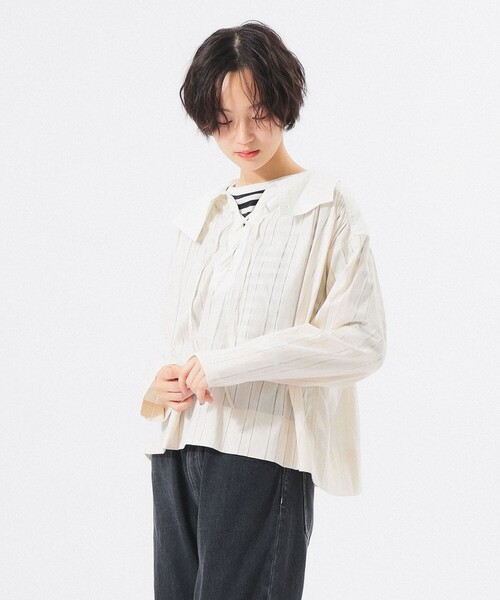 BEAMS BOY(ビームスボーイ)の「ドビー ストライプ スモック(シャツ/ブラウス・レディース・オフホワイト/ブラック・2/0/1)」の1枚目の写真