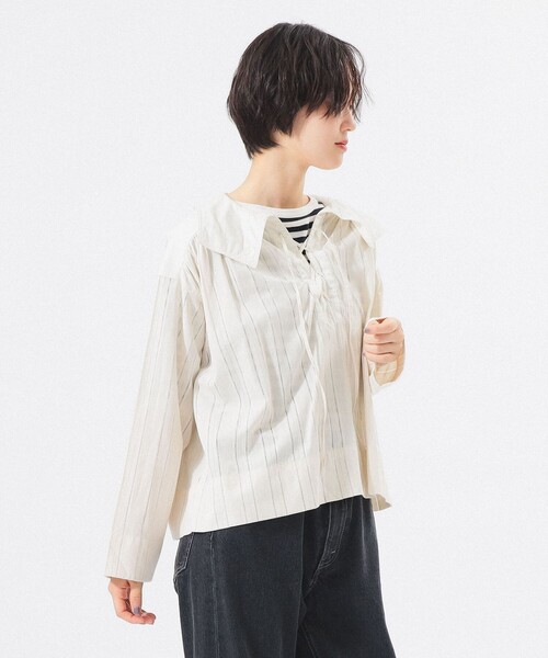 BEAMS BOY(ビームスボーイ)の「ドビー ストライプ スモック(シャツ/ブラウス・レディース・オフホワイト/ブラック・2/0/1)」の14枚目の写真