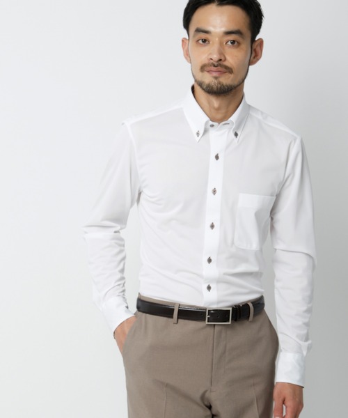 SUIT SQUARE(スーツスクエア)の「WEB限定/涼しい最高シャツ/ワイシャツ/ノンアイロンジャージー/ボタンダウン/FIT/ドレスシャツ(ビジネスシャツ・メンズ・ホワイト×ネイビー/ホワイト×グレー/ホワイト×ブラウン・S/M/L/LL/3L)」の3枚目の写真