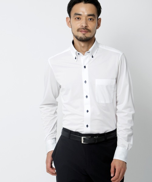 SUIT SQUARE(スーツスクエア)の「WEB限定/涼しい最高シャツ/ワイシャツ/ノンアイロンジャージー/ボタンダウン/FIT/ドレスシャツ(ビジネスシャツ・メンズ・ホワイト×ネイビー/ホワイト×グレー/ホワイト×ブラウン・S/M/L/LL/3L)」の2枚目の写真