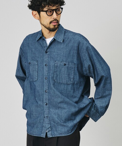 HINSON(ヒンソン)の「HINSON/ヒンソン 別注 シャンブレー ワーク ロングスリーブシャツ/リラックスフィット(シャツ/ブラウス・メンズ・ネイビー/ブルー/ストライプ/ナチュラル・MEDIUM/LARGE)」の1枚目の写真