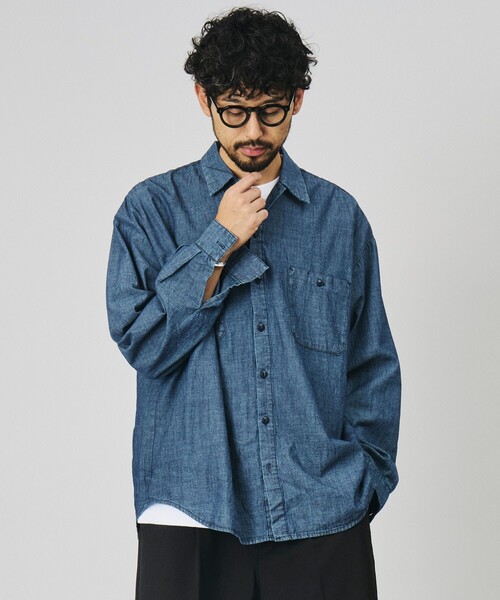 HINSON(ヒンソン)の「HINSON/ヒンソン 別注 シャンブレー ワーク ロングスリーブシャツ/リラックスフィット(シャツ/ブラウス・メンズ・ネイビー/ブルー/ストライプ/ナチュラル・MEDIUM/LARGE)」の19枚目の写真