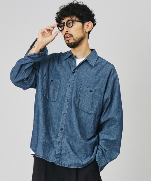 HINSON(ヒンソン)の「HINSON/ヒンソン 別注 シャンブレー ワーク ロングスリーブシャツ/リラックスフィット(シャツ/ブラウス・メンズ・ネイビー/ブルー/ストライプ/ナチュラル・MEDIUM/LARGE)」の18枚目の写真