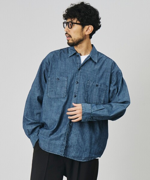 HINSON(ヒンソン)の「HINSON/ヒンソン 別注 シャンブレー ワーク ロングスリーブシャツ/リラックスフィット(シャツ/ブラウス・メンズ・ネイビー/ブルー/ストライプ/ナチュラル・MEDIUM/LARGE)」の15枚目の写真