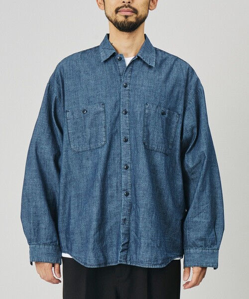 HINSON(ヒンソン)の「HINSON/ヒンソン 別注 シャンブレー ワーク ロングスリーブシャツ/リラックスフィット(シャツ/ブラウス・メンズ・ネイビー/ブルー/ストライプ/ナチュラル・MEDIUM/LARGE)」の14枚目の写真