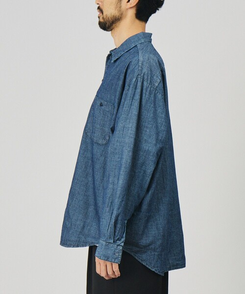 HINSON(ヒンソン)の「HINSON/ヒンソン 別注 シャンブレー ワーク ロングスリーブシャツ/リラックスフィット(シャツ/ブラウス・メンズ・ネイビー/ブルー/ストライプ/ナチュラル・MEDIUM/LARGE)」の13枚目の写真