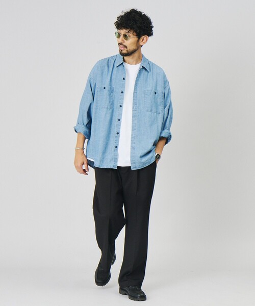 HINSON(ヒンソン)の「HINSON/ヒンソン 別注 シャンブレー ワーク ロングスリーブシャツ/リラックスフィット(シャツ/ブラウス・メンズ・ネイビー/ブルー/ストライプ/ナチュラル・MEDIUM/LARGE)」の11枚目の写真