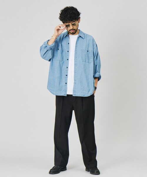 HINSON(ヒンソン)の「HINSON/ヒンソン 別注 シャンブレー ワーク ロングスリーブシャツ/リラックスフィット(シャツ/ブラウス・メンズ・ネイビー/ブルー/ストライプ/ナチュラル・MEDIUM/LARGE)」の10枚目の写真