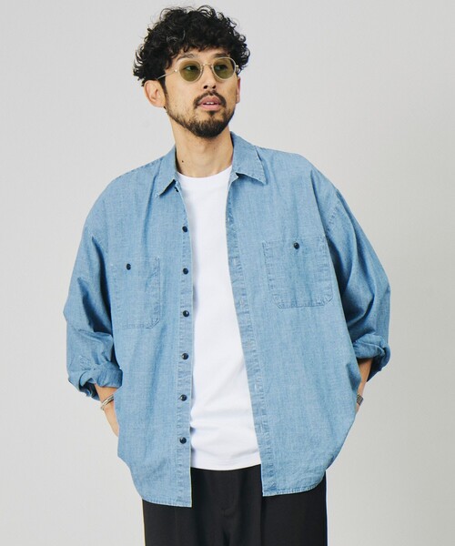 HINSON(ヒンソン)の「HINSON/ヒンソン 別注 シャンブレー ワーク ロングスリーブシャツ/リラックスフィット(シャツ/ブラウス・メンズ・ネイビー/ブルー/ストライプ/ナチュラル・MEDIUM/LARGE)」の9枚目の写真