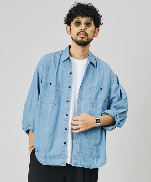 HINSON(ヒンソン)の「HINSON/ヒンソン 別注 シャンブレー ワーク ロングスリーブシャツ/リラックスフィット(シャツ/ブラウス・メンズ・ネイビー/ブルー/ストライプ/ナチュラル・MEDIUM/LARGE)」の5枚目の写真