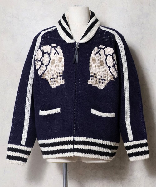 HOUSTON（ヒューストン）の「HOUSTON ヒューストン COWICHAN SWEATER（SKULL） / カウチンセーター スカジャン風 ニット カーディガン（カーディガン/ボレロ・メンズ・ブラック/ネイビー/マルーン・M/L/XL）」の2枚目の写真