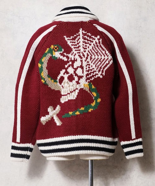 HOUSTON（ヒューストン）の「HOUSTON ヒューストン COWICHAN SWEATER（SKULL） / カウチンセーター スカジャン風 ニット カーディガン（カーディガン/ボレロ・メンズ・ブラック/ネイビー/マルーン・M/L/XL）」の3枚目の写真