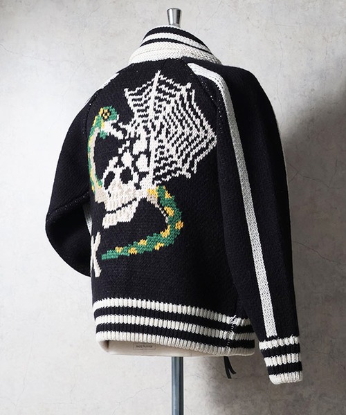 HOUSTON（ヒューストン）の「HOUSTON ヒューストン COWICHAN SWEATER（SKULL） / カウチンセーター スカジャン風 ニット カーディガン（カーディガン/ボレロ・メンズ・ブラック/ネイビー/マルーン・M/L/XL）」の13枚目の写真